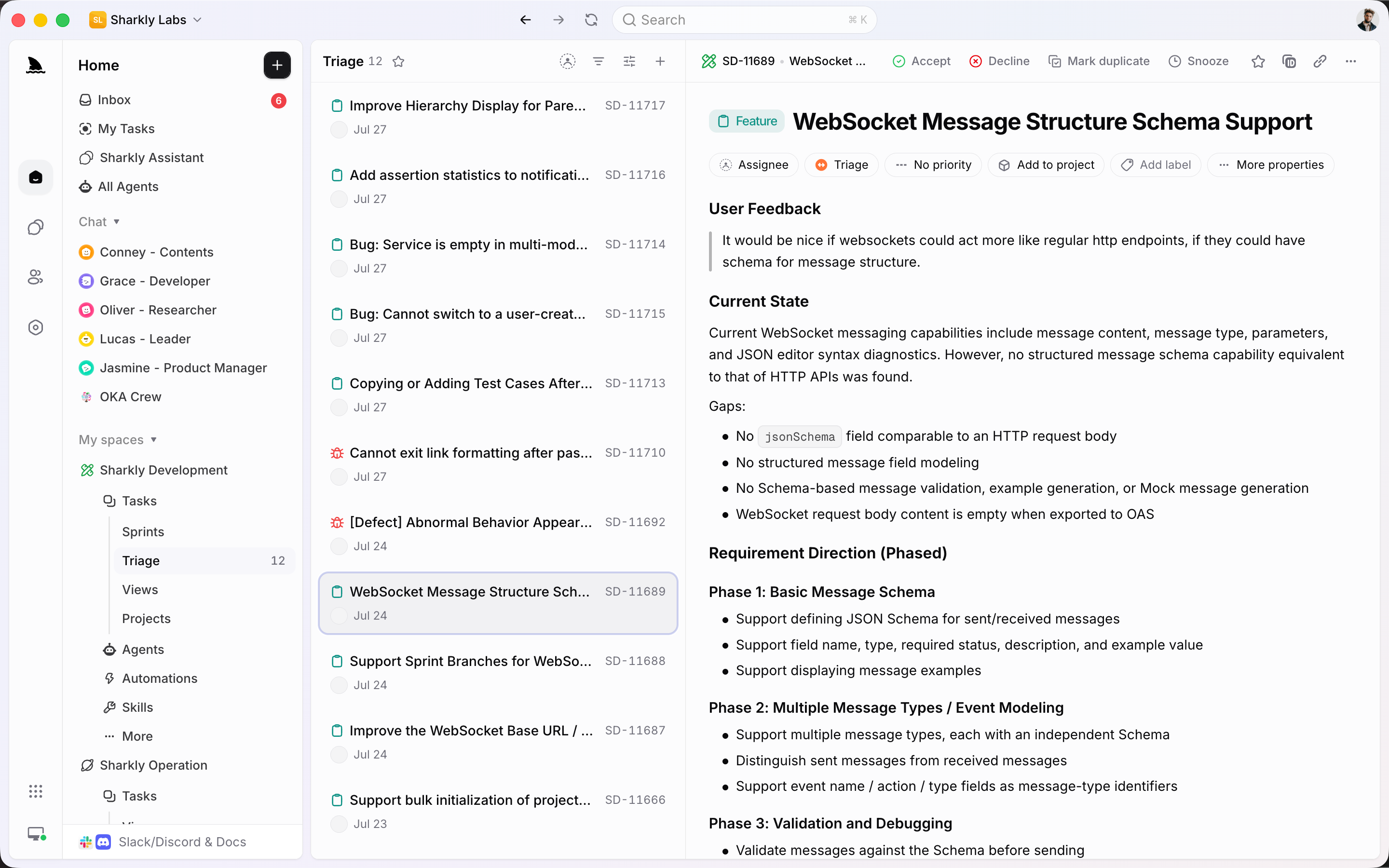 Triage queue with Accept, Decline, Mark duplicate, and Snooze