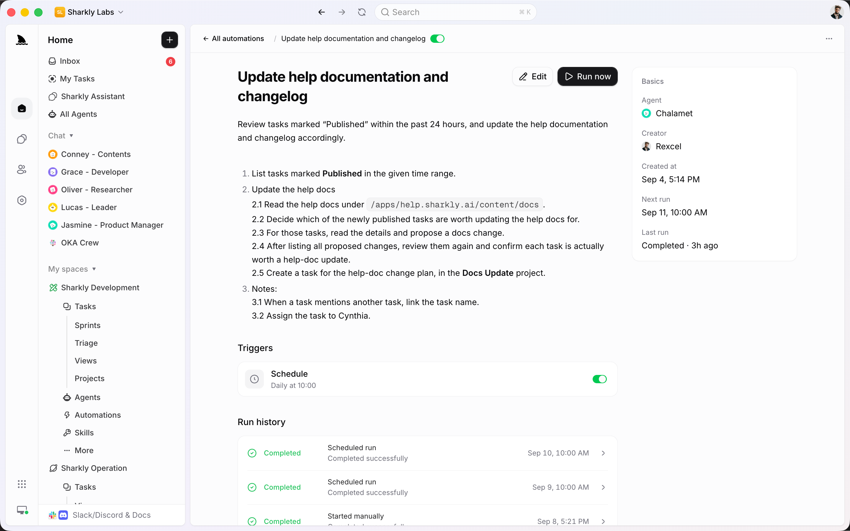 Automation with instructions, a daily schedule, assigned Agent, and run history