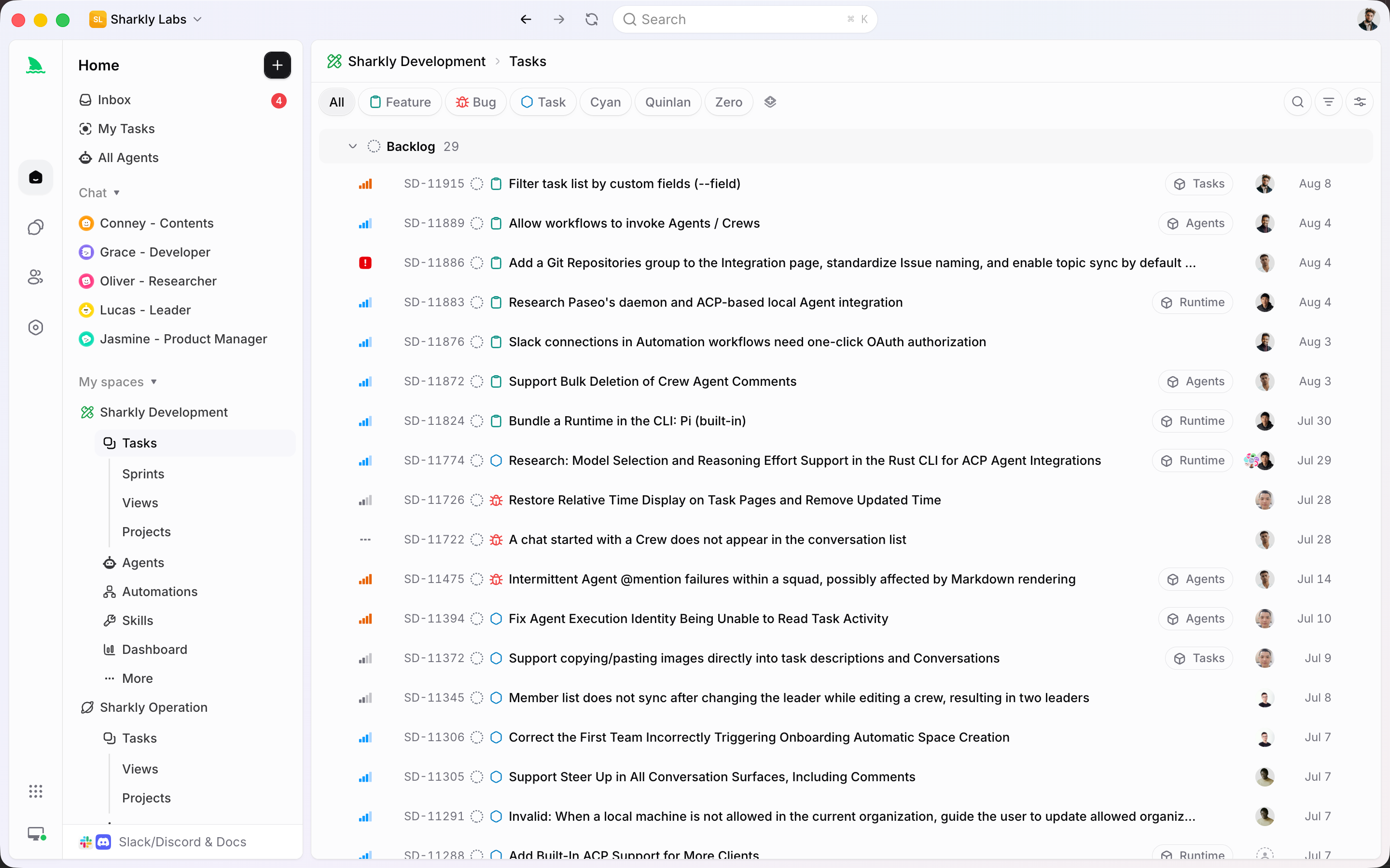 Backlog and board view of agile work