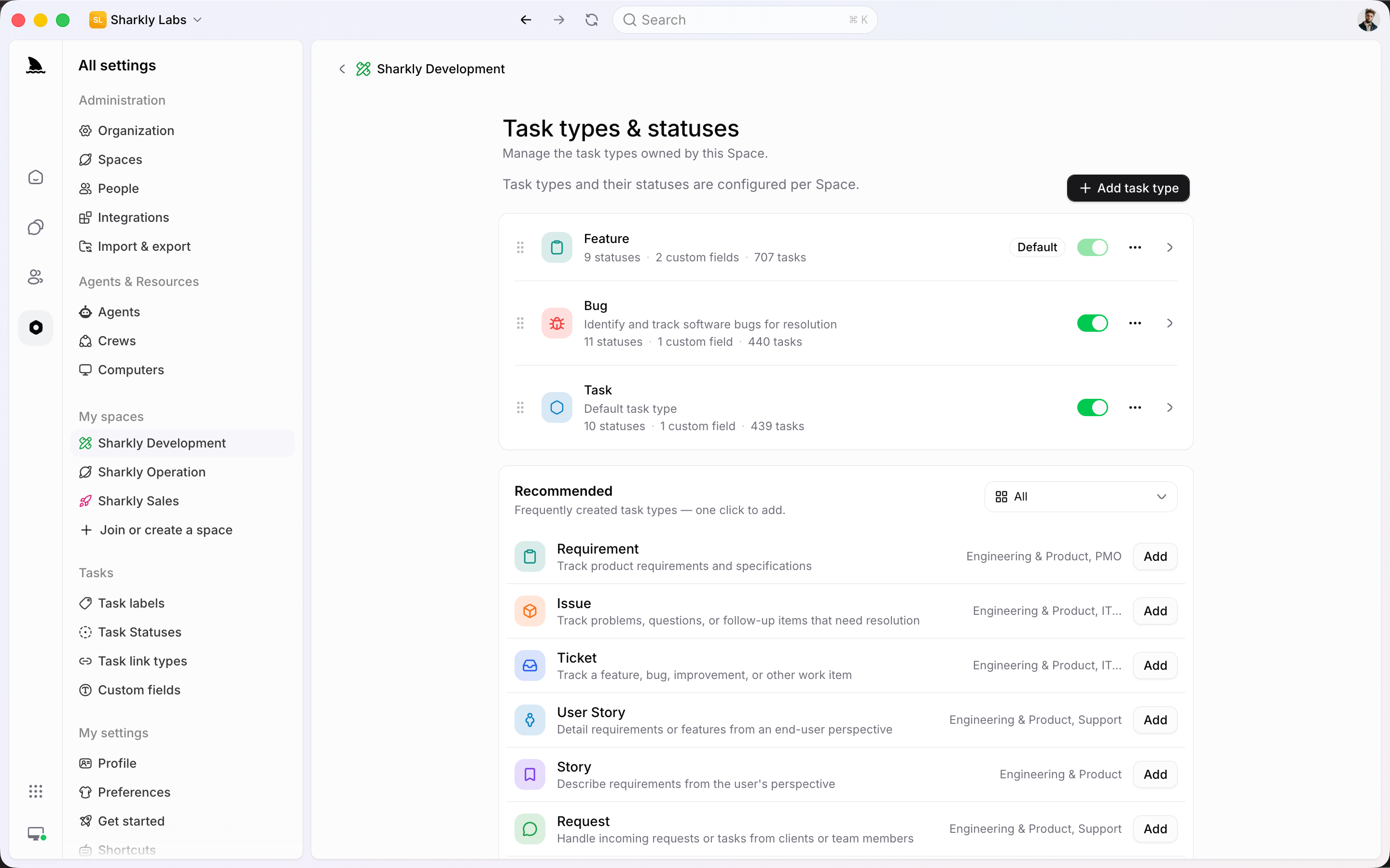 Space task types and statuses, with recommended types such as Request and Ticket